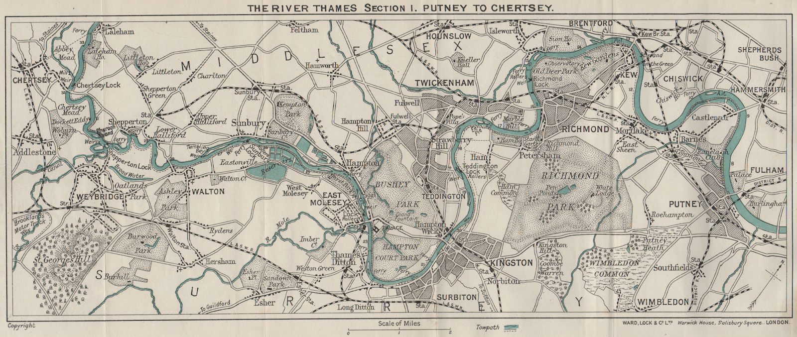 RIVER THAMES (1) Putney-Richmond-Kingston-Twickenham-Weybridge-Chertsey 1912 map